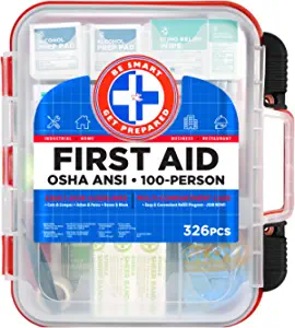 First Aid Kit Hard Red Case 326 Pieces Exceeds OSHA and ANSI Guidelines 100 People - Office, Home, Car, School, Emergency, Survival, Camping, Hunting and Sports