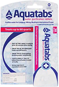 Aquatabs 49mg Water Purification Tablets. Water Filtration System for Hiking, Backpacking, Camping, Emergencies, Survival, and Home-Use. Easy to Use Water Treatment and Disinfection - 30 Pack