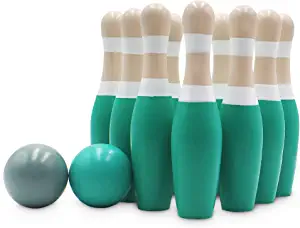 Sterling Sports Wooden Lawn Bowling 9" Skittles Set with Carrying Mesh Bag for Indoors and Outdoors - 10 Wooden Pins and 2 Balls, Green/Turquoise and Gray