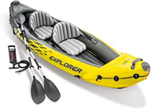 Explorer K2 Kayak, 2-Person Inflatable Kayak Set with Aluminum Oars, Manual and Electric Pumps