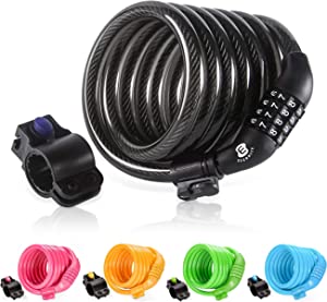 Etronic Bike Lock M6, Cable Lock 6 Feet Long Coiled Security Resettable Combo Combination Lock Bicycle Lock with Mounting Bracket
