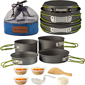 Wealers Camping Cookware 11 Piece Outdoor Mess Kit Backpacking| Trailblazing add on | Compact| Lightweight| Durable with Chef Pots, Bowls, Utensils and Mesh Carry Bag Included (11 Piece Set)