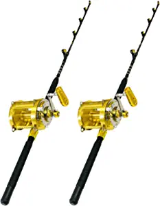 EatMyTackle 80 Wide 2 Speed Fishing Reels on 160-200 Pound Blue Marlin Tournament Edition Rods (2 Pack)
