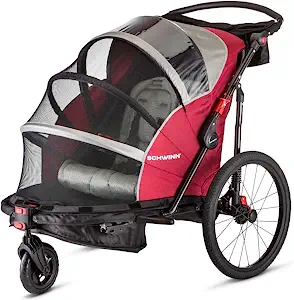 Schwinn Kids Bike Trailer and Stroller, Seats 2 Riders, Carrier Canopy for Sun Protection and Weather Blocking, Foldable and Compact for Easy Storage, Flag Included