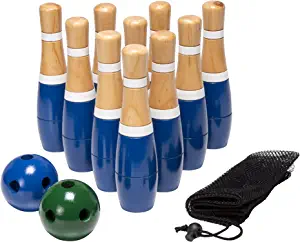 Backyard Lawn Bowling Game Indoor and Outdoor Family Fun for Kids and Adults 10 Wooden Pins, 2 Balls, and Mesh Carrying Bag by Hey! Play! (8-Inch)