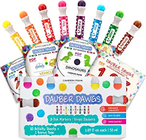 8-pack Washable Dot Markers / Bingo Daubers Dabbers Dauber Dawgs Kids / Toddlers / Preschool / Children Art Supply 3 Pdf Coloring eBooks = 100 Activity Sheets To Do!