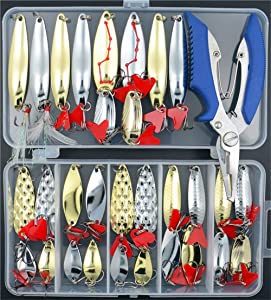 Fishing Lures Hard Spoon Metal Lures Hard Bait 32 pcs Set Saltwater Fishing Pliers Fishing Lure Metal Jig Treble Hooks Tackle Salmon Bass