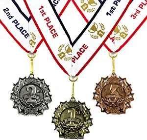 All Quality 1st 2nd 3rd Place Ten Star Award Medals - 3 Piece Set (Gold, Silver, Bronze) Includes Neck Ribbon