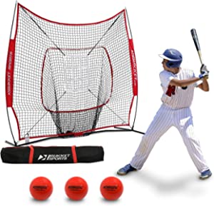 Rukket 6pc Baseball/Softball Bundle | 7x7 Hitting Net | 3 Weighted Training Balls | Strike Zone Target | Carry Bag | Practice Batting, Pitching, Catching | Backstop Screen Equipment Training Aids