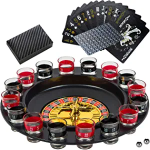BETTERLINE Shot Glass Roulette Drinking Game and Poker Playing Cards Set - Spinning Wheel, 2 Balls and 16 Shot Glasses - Casino Adult Party Games