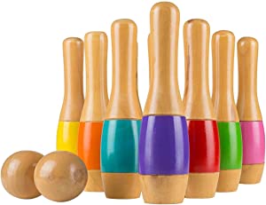 Lawn Bowling Game/Skittle Ball- Indoor and Outdoor Fun for Toddlers, Kids, Adults 10 Wooden Pins, 2 Balls, and Mesh Bag Set by Hey! Play! (9.5 Inch)