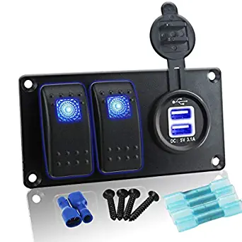 IZTOSS Boat Switch Panel Waterproof with Blue Rocker Switch and 3.1A Dual USB Socket DC 12V 24V Installation Kits Aluminum Switch Panel for Boat Marine Car ATV