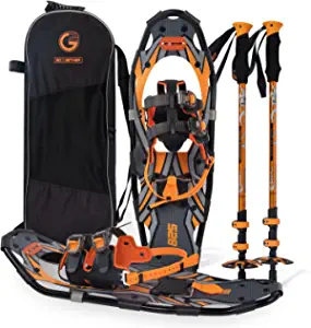 G2 21/25/30 Inches Light Weight Snowshoes with Toe Box, EVA Padded Ratchet Binding, Heel Lift, Flexible Pivot Bar, Durable Back Strap, Set with Trekking Poles, Carrying Bag, Snow Baskets, Orange/Blue/Red Available