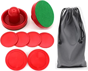 Qtimal Home Standard Air Hockey Paddles and 2 Size Pucks, Small Size for Kids, Large Size for Adult, Great Goal Handles Pushers Replacement Accessories for Game Tables (2 Striker, 6 Puck Pack)