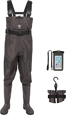 TIDEWE Bootfoot Chest Wader, 2-Ply Nylon/PVC Waterproof Fishing & Hunting Waders with Boot Hanger for Men and Women (Green and Brown)