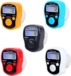 CG LED Finger Tally Counter, 5-Pack Digital Electronic Tasbeeh Counters, Lap Track Handheld Clicker with Ring, Re-settable Digits Display for People Muslims, by Black White Red Orange Blue Five colors