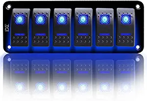 FXC Rocker Switch Aluminum Panel 6 Gang Toggle Switches Dash 5 Pin ON/Off 2 LED Backlit for Boat Car Marine