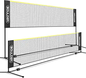 Boulder Badminton Pickleball Net - Height Adjustable Portable Net for Junior Tennis, Kids Volleyball & Soccer, and Backyard Games - Easy Setup Nylon Sports Net with Poles 10 ft/14ft/17ft Wide