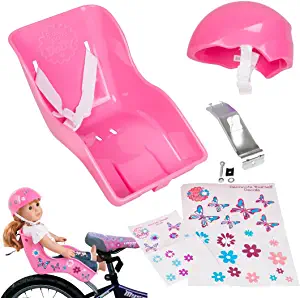 Ride Along Dolly The Original Doll Bicycle Seat and Helmet Pack- Bike Attachment Accessory for 18-22" Dolls, Stuffed Animals Bears- Decorate Yourself Decals Included, Birthday Kids (Pink)