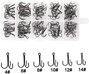 Fishing Treble Hooks Kit High Carbon Steel Hooks Strong Sharp Round Bend for Lures Baits Saltwater Fishing 110pcs/box Mixed 6 Size 4 6 8 10 12 14