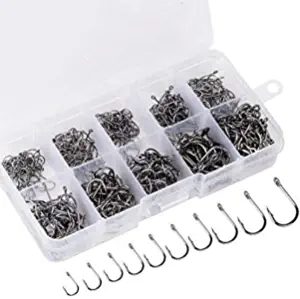 500PCS Premium Fishhooks, 10 Sizes Reemoo Carbon Steel Fishing Hooks W/ Portable Plastic Box, Strong Sharp Fish Hook with Barbs for Freshwater/Seawater (500 pcs)