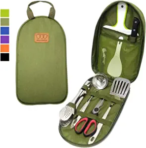 Gold Armour Camp Kitchen Utensil Organizer Travel Set Portable BBQ Camping Cookware Stainless Steel Utensils Travel Kit Outdoor Equipment Cutting Board Tongs Scissors Knife Ladle Spatula