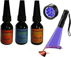 GREATFISHING Fly Tying UV Clear Glue and Power Light Combo Three Bottles Thick Thin and Soft +12 LED Light for Building Flies Heads Bodies Wings and Gluing Eyes