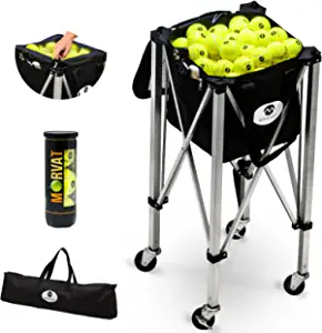 Morvat Heavy-Duty Pro Tennis Ball Cart Holds 165 Tennis Balls - Premium Practice Hopper, Pickleball, Compact & Lightweight, Cell Phone Zipper Pocket, Easy Bag Removal - 3 Balls & Carry Bag Included