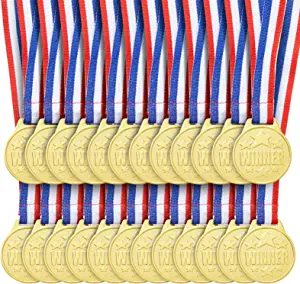 Juvale 24 Pack Gold 1.5-Inch Winner Medals for Kids, Participation Awards with 15.3-Inch Neck Ribbon for Sports, Tournaments, Competitions
