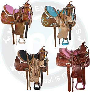 ME Enterprises Youth Child Western Premium Leather Barrel Racing Pony Miniature Trail Equestrian Horse Saddle Matching, Leather Headstall, Breast Collar, Reins Size 8' to 12 inches Seat