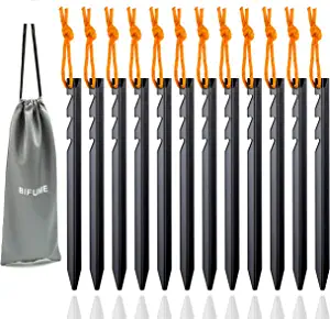 BIFUNIE Aluminum Tent Stakes Pegs, 12-Pack Aluminum Ground Pegs with Reflective Pull Ropes, Heavy Duty Tri-Beam Metal Stakes Pegs for Backpacking Camping Tents Hammocks and Canopy