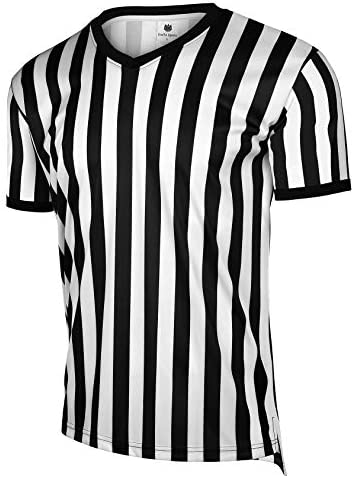 FitsT4 Men's Official Black & White Stripe Referee Shirt Zipper Collared V-Neck Short Sleeve Umpire Jersey Costume Pro Ref Uniform for Soccer Basketball Football