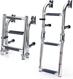 Marinebaby Stainless Steel Folding Boat Boarding Ladder for Pontoon,2+1 Steps Ladder Stern Mount W Rubber Grips,3 Steps Portable Folding Boat Ladder