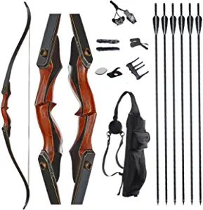 TOPARCHERY Archery 60" Takedown Hunting Recurve Bow and Arrow Set for Adults Practice Competition Longbow Kit with 6pcs Fiberglass Arrows Right Hand Black
