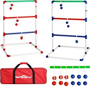 WIn SPORTS Ladder Toss Outdoor Game Set Indoor Ladder Ball Toss Game with 6 Weighted Bolos, Carrying Case and Sand Weighted PVC Piping,Games for Adults, Kids, Family