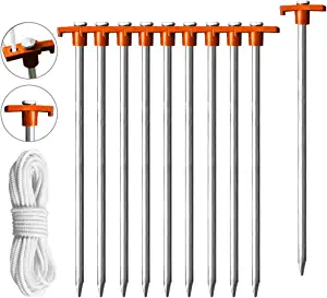 Eurmax USA Galvanized Non-Rust Camping Family Tent Pop Up Tent Stakes Ice Tools Heavy Duty 10pc-Pack, with 4x10ft Ropes & 1 Stopper