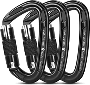 Favofit UIAA Certified Climbing Carabiners, 3 Pack, 25KN (5620 lbs) Heavy Duty Large Locking Carabiner Clips for Rock/Ice Climbing Rappelling Rescue Swing etc, Black
