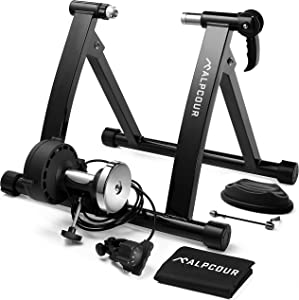 Alpcour Bike Trainer Stand for Indoor Riding Portable Stainless Steel Indoor Trainer w/Magnetic Flywheel, Noise Reduction, 6 Resistance Settings & Bag Stationary Exercise for Road & Mountain Bikes