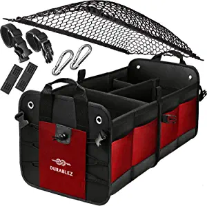 DURABLEZ Trunk Organizer with Covering Net, Attachable Non-Slip Pads, and Stainless Hooks, Red-Black