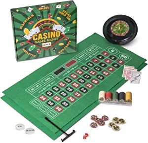 Casino Game Night | 4-in-1 Gambling Game Set and Chips | Texas Hold 'Em, Blackjack, Roulette, Craps | Includes Roulette Wheel, 2 Double-sided Mini Felts, 100 Poker Chips, Craps Dice, Playing Cards