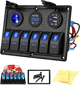 Kohree 4/5/6 Gang Marine Boat Rocker Switch Panel, 12V Waterproof RV Led Switch Panel for Car Truck Marine Boat, Digital Voltmeter Display QC3.0 Dual USB Charger Port DC 12 Volt Socket 12/24V Blue Lighted