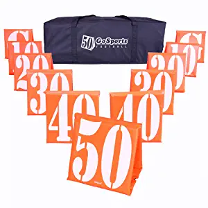 GoSports Football Field Yard Line Markers - Set of 11, High Visibility Weighted Yardage Markers with Portable Carrying Case, Orange