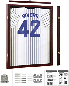 flybold Jersey Frame Display Case Jersey Shadow Box Memorabilia Display Cases Acrylic 92% Clear Antifade UV Protection Gold Locks for Football Jerseys Military Uniform Shirt Mahogany Brown Frame