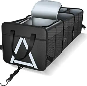 K KNODEL Sturdy Car Trunk Organizer with Premium Insulation Cooler Bag, Heavy Duty Collapsible Trunk Storage Organizer for Car, SUV, Truck, or Van (3 Compartments, Black)