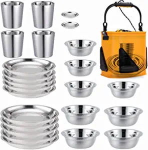 COTOM Stainless Steel Camping Plates Cups and Bowls set. Camping dish Set (24-Piece Set) 3.5inch to 8.6inch. Plates for Camping, Hiking, Beach,Outdoor Use Incl. Collapsible Water Bucket