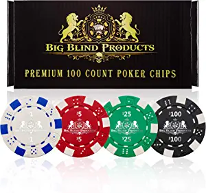 Big Blind Products 100 Piece Premium Poker Chip Set Set for Upscale Vegas-Style Poker Nights - Durable, Poker Chips with Denominations, Casino Weight Chips with Gift Box - Casino Chips
