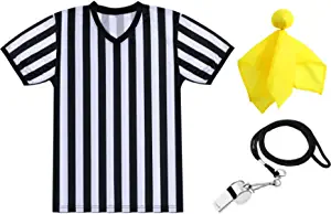 SATINIOR Men's Official Uniform Black and White Stripe Pro-Style V-Neck Referee Shirt, Officiating Umpire Jersey and Stainless Steel Whistle with Lanyard for Basketball Football Soccer