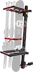 Tyger Auto TG-RK1B707B Folding Hitch-Mounted Ski/Snowboard Rack Fits 2" or 1.25" Receiver Carries 6 Pair Skis or 4 Snowboards | Key Lock | Security Strap | Vertical Adjustable | Tilt Access