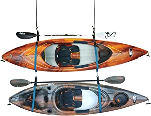 Double Kayak Storage Strap System - for Indoor and Outdoor Kayak & SUP Paddle Board Hangers - Comes with Paddle Clips - PS1954, Black; Turquoise
