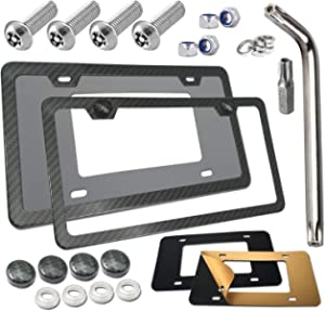 Anti Theft License Plate Frames -Carbon Fiber Style Metal Aluminum License Plate Holders, Contains 100% Stainless Steel License Plate Anti Theft Screws, Fit US Car Front and Rear License Plate Cover